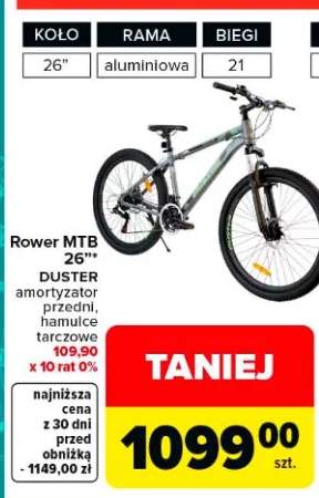 Rower MTB 26" Duster amortyzator przedni, hamulce tarczowe V-brake