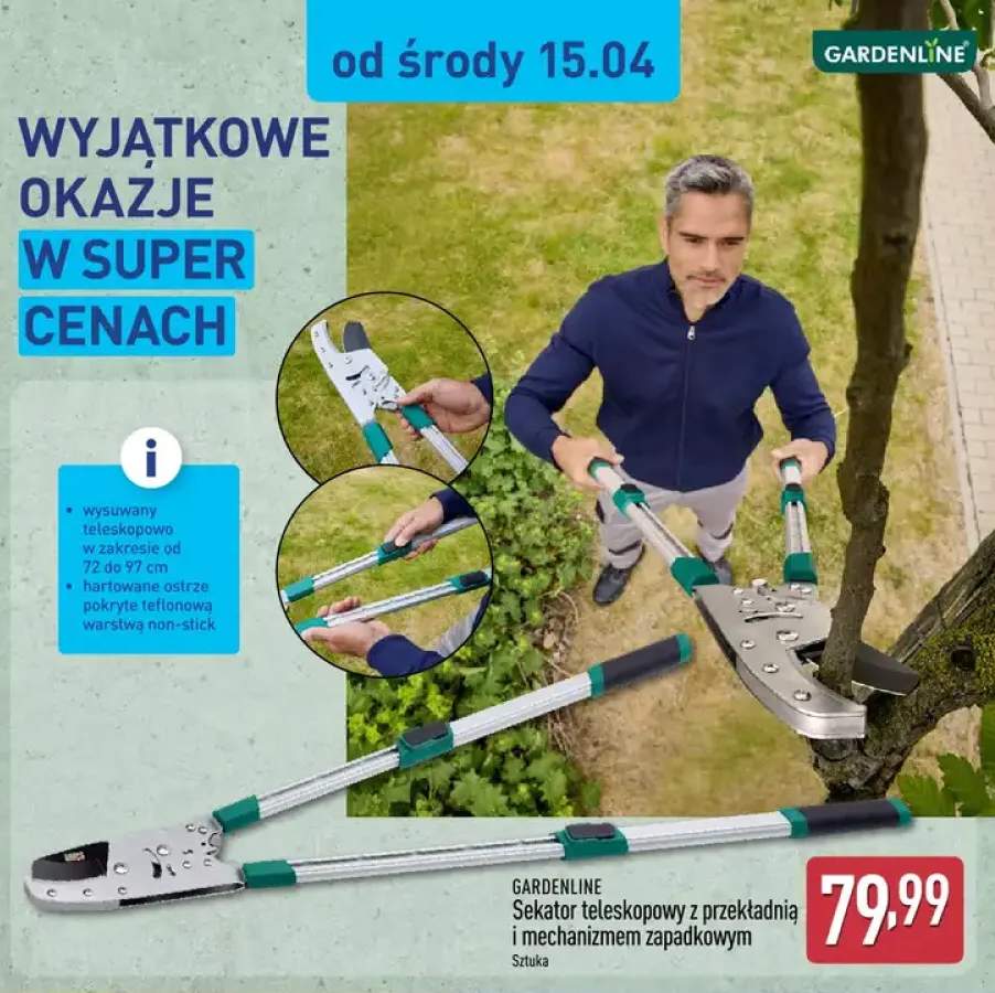 Sekator teleskopowy z przekładnią i mechanizmem zapadkowym