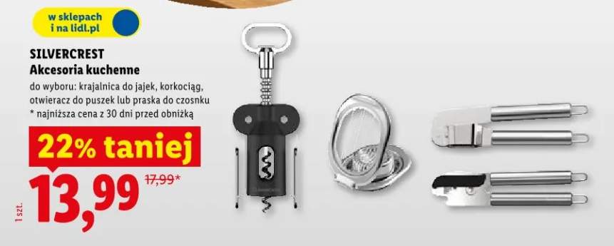 Akcesoria kuchenne krajalnica do jajek, korkociąg, otwieracz do puszek lub praska do czosnku