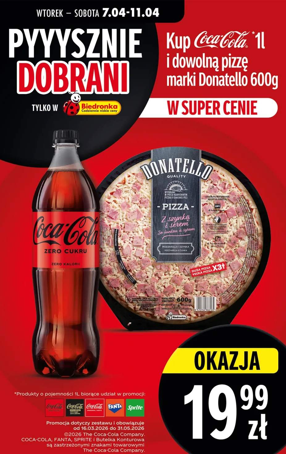 Napój Coca-Cola zero cukru 1l + pizza Donatello z szynką i serem 600g