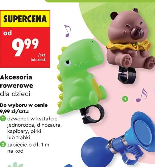 Dzwonek w kształcie jednorożca, dinozaura, kapibary, trąbki lub piłki