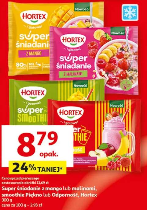 Super śniadanie z mango lub malinami, smoothie Piękno lub Odporność, Hortex