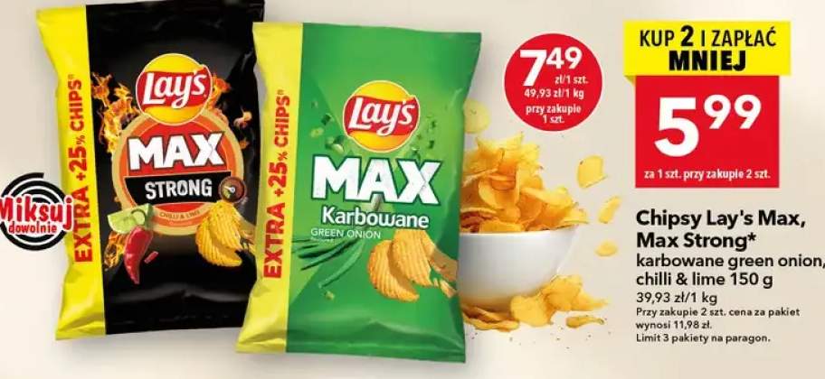 Chipsy Lay's Max, Max Strong, karbowane green onion, chilli & lime