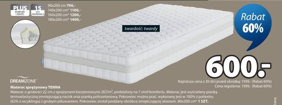 Materac sprężynowy Tenna materac o grubości 26cm z sprężynami kieszeniowymi