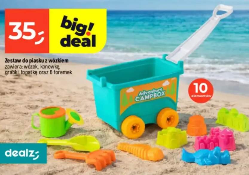 Zestaw do piasku z wózkiem zawiera: wózek, konewkę, grabki, łopatkę oraz 6 foremek