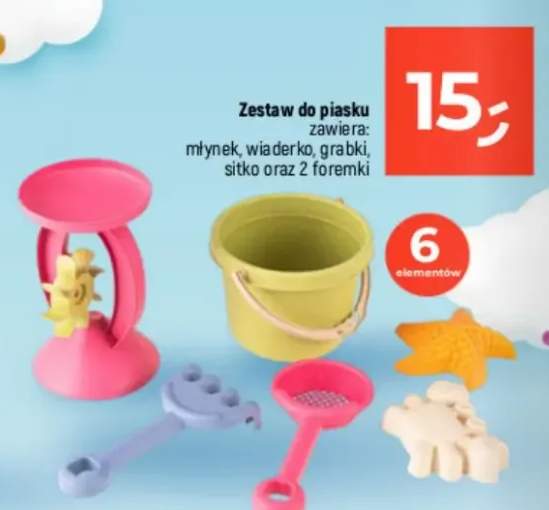 Zestaw do piasku zawiera: młynek, wiaderko, grabki, sitko oraz 2 foremki