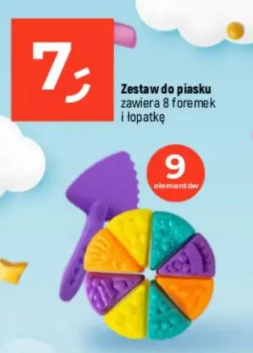 Zestaw do piasku zawiera 8 foremek i łopatkę