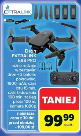 Dron E88 Pro różne rodzaje w zestawie: dron + 3 baterie + pokrowiec, 1800 mAh, czas lotu 15 min, czas ładowania 100 min, zasięg pilota 100 m, kamera 1080p