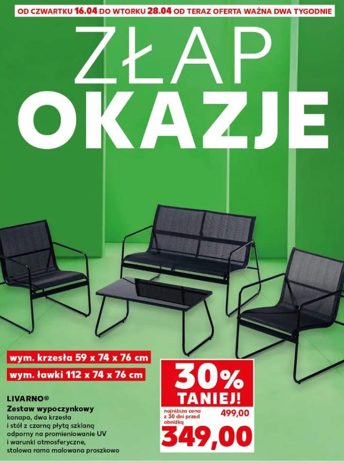Zestaw wypoczynkowy kanapa, dwa krzesła i stół z czarną płytą szklaną odporny na promieniowanie UV i warunki atmosferyczne, stalowa rama malowana proszkowo