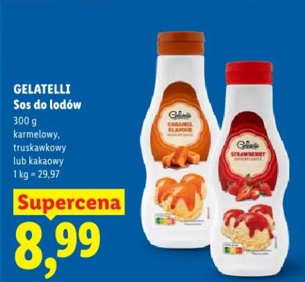 Sos do lodów karmelowy, truskawkowy lub kakaowy