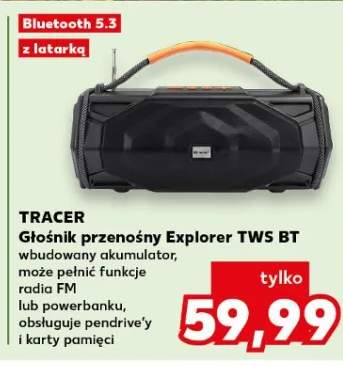 Głośnik przenośny Explorer TWS BT wbudowany akumulator, może pełnić funkcję radia FM lub powerbanku, obsługuje pendrive'y i karty pamięci