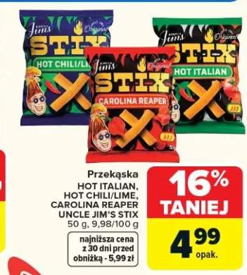 Przekąska Hot Italian, Hot Chili/Lime, Carolina Reaper, Uncle Jim's Stix różne rodzaje