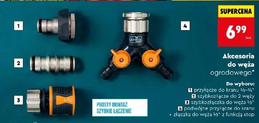 Akcesoria do węża ogrodowego - przyłącze do kranu ½–¾", szybkozłączce do 2 węży, szybkozłączka do węża ½", podwójne przyłącze do kranu, złączka do węża ½" z funkcją stop