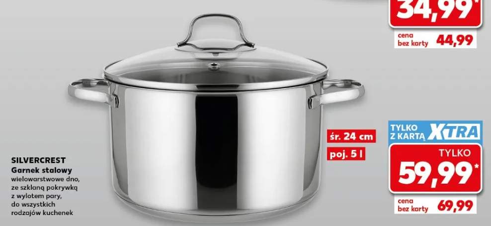 Garnek stalowy wielowarstwowe dno, ze szklaną pokrywką z wylotem pary śr. 24cm poj. 5l