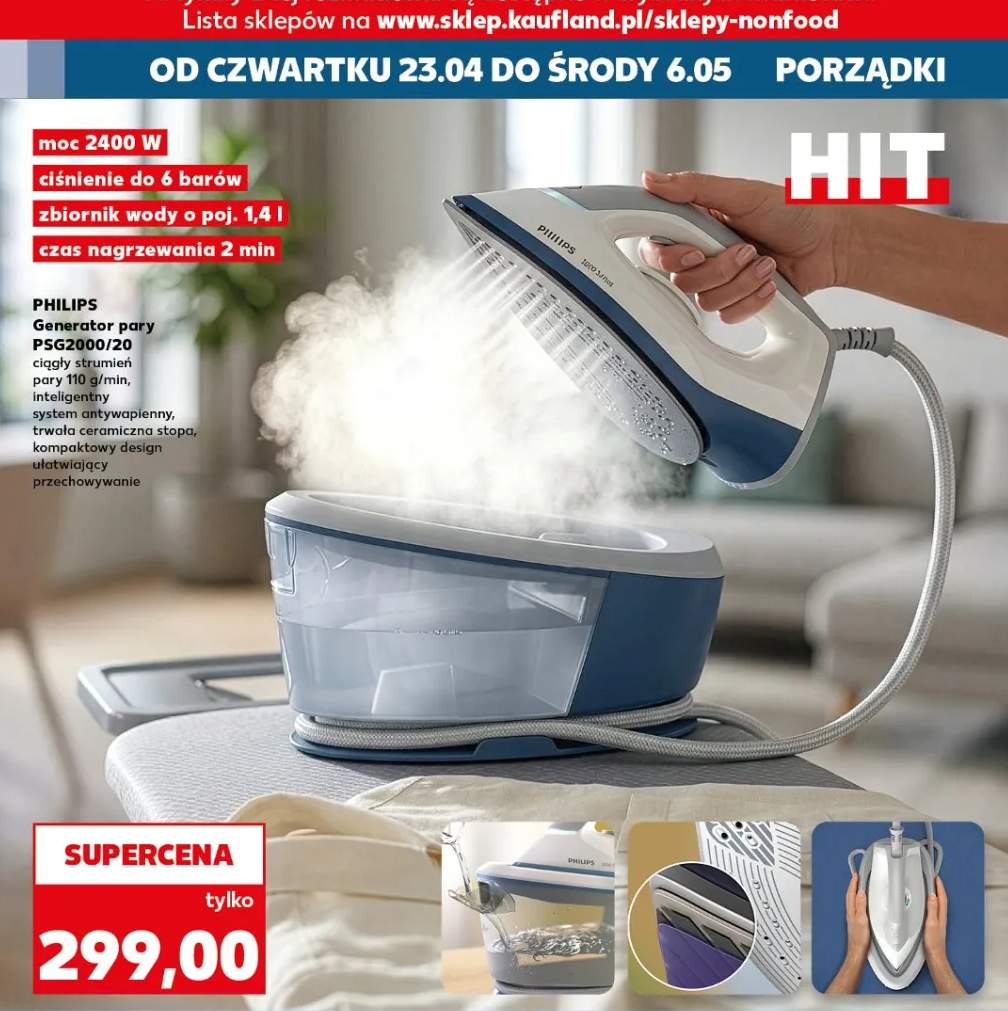 Generator pary PSG2800/20 ciągły strumień pary 110 g/min, inteligentny system antywapnienny, trwała ceramiczna stopa, kompaktowy design ułatwiający przechowywanie