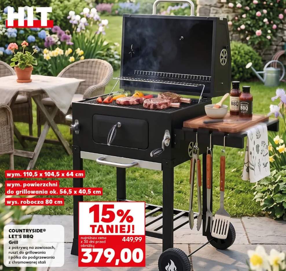 Grill z pokrywą na zawiasach, ruszt do grillowania i półka do podgrzewania z chromowanej stali