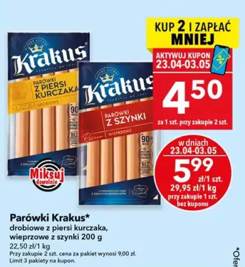 Parówki drobiowe z piersi kurczaka, wieprzowe z szynki