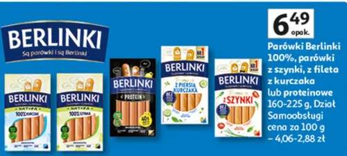 Parówki berlinki 100% parówki z szynki, z fileta z kurczaka lub parówkowe dział samoobsługi