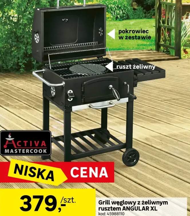 Grill węglowy na wózku Angular XL żeliwny ruszt + pokrowiec gratis Activa