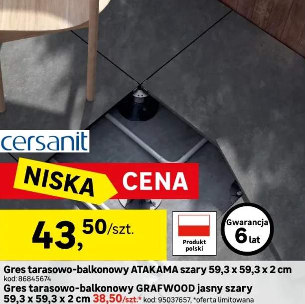 Gres tarasowo-balkonowy 59,3x59,3x2 cm Atakama Grey Cersanit