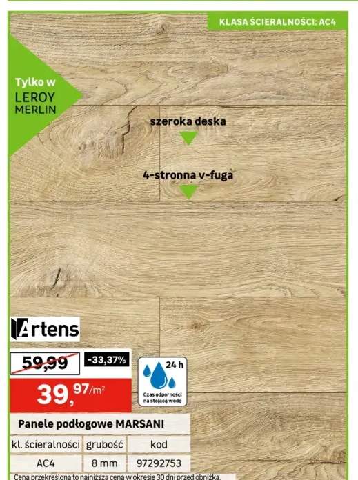 Panele podłogowe laminowane wodoodporne Artens AC4 8 mm Marsani XL naturalne drewno