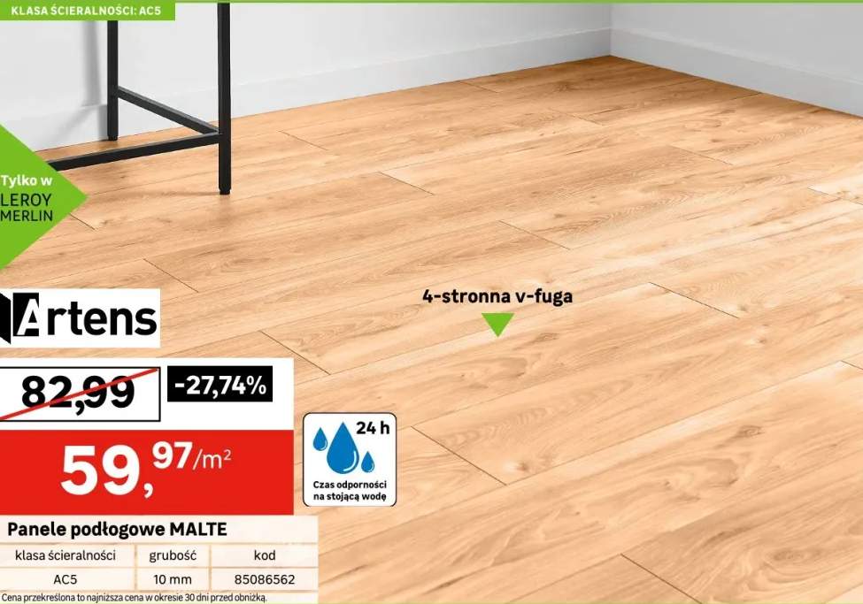 Panele podłogowe laminowane wodoodporne AC5 10 mm Artens Malte