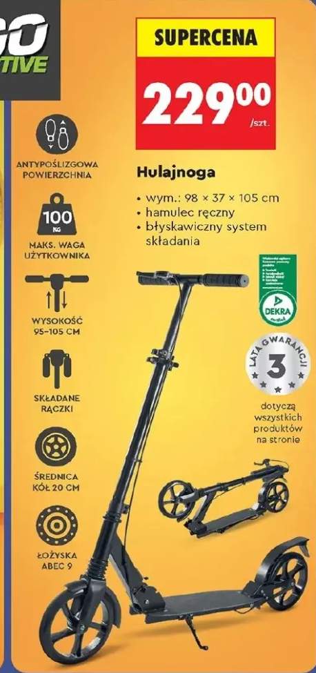 Hulajnoga 98x37x105cm hamulec ręczny błyskawiczny system składania