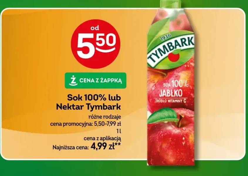 Sok 100% lub nektar Tymbark różne rodzaje 1l