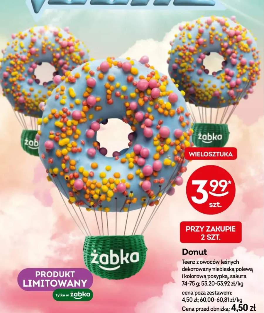 Donut Teenz z owoców leśnych dekorowany niebieską polewą i kolorową posypką