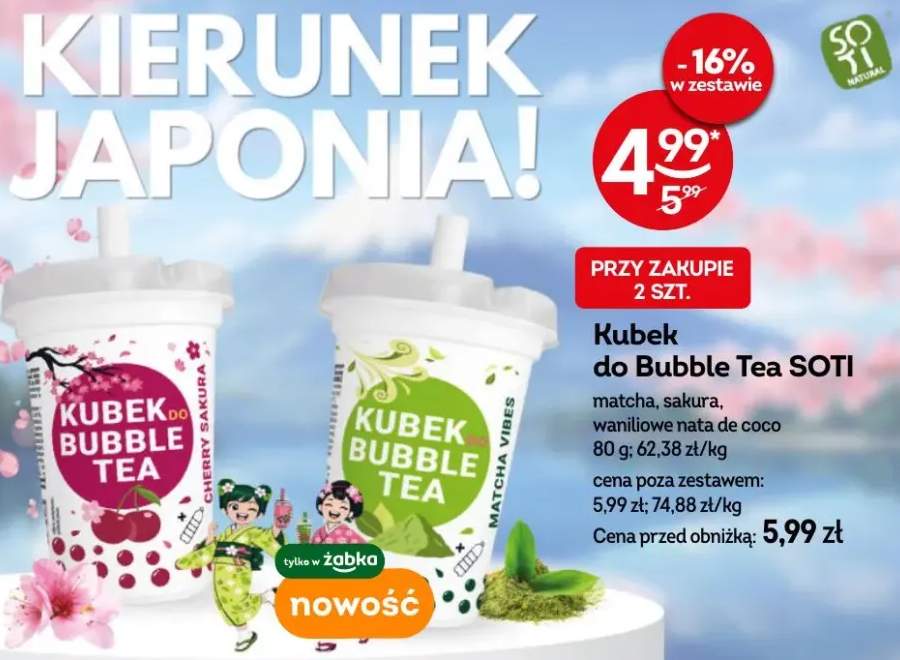Kubek do Bubble Tea SOTI matcha, sakura, waniliowe nata de coco