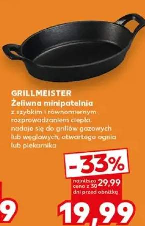 Żeliwna minipatelnia Grillmeister z szybkim i równomiernym rozprowadzaniem ciepła nadaje się do grillów gazowych lub węglowych otwartego ognia lub piekarnika