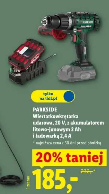 Wiertarkowkrętarka udarowa Parkside 20V z akumulatorem litowo-jonowym 2Ah i ładowarką 2,4A