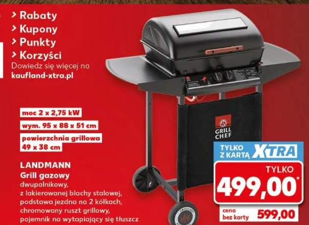 Grill gazowy Landmann dwupalnikowy z lakierowanej blachy stalowej podstawa jezdna na 2 kółkach chromowany ruszt grillowy pojemnik na wytapiający się tłuszcz 2x2,75kW 95x88x51cm