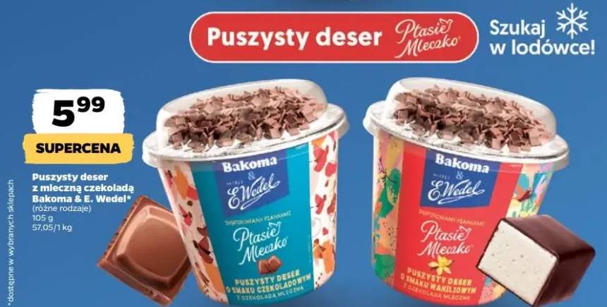 Puszysty deser z mleczną czekoladą o smaku czekoladowym Bakoma & E.Wedel Ptasie Mleczko