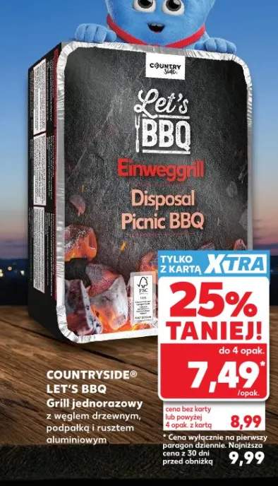 Grill jednorazowy z węglem drzewnym podpałką i rusztem aluminiowym Countryside Let's BBQ