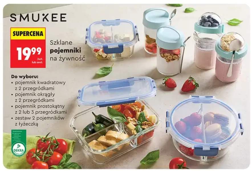 Szklany pojemnik na żywność SMUKEE kwadratowy z 2 przegródkami