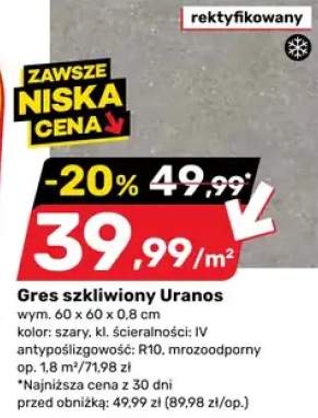 Gres szkliwiony Uranos 60x60x0,8cm szary kl. ścieralności IV antypoślizgowy R10 mrozoodporny
