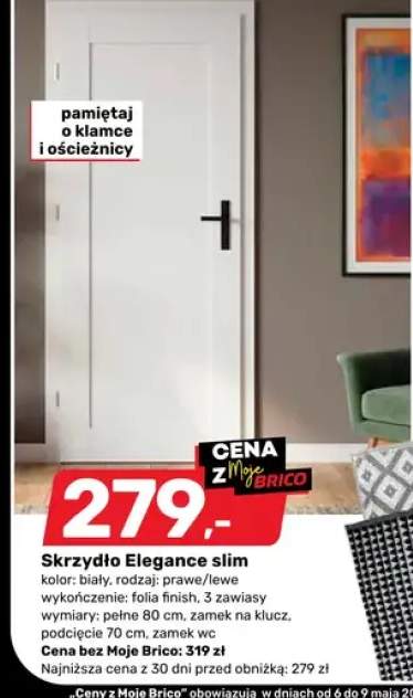 Skrzydło drzwiowe Elegance slim biały prawe/lewe folia finish 3 zawiasy pełne 80cm zamek na klucz podcięcie 70cm zamek wc