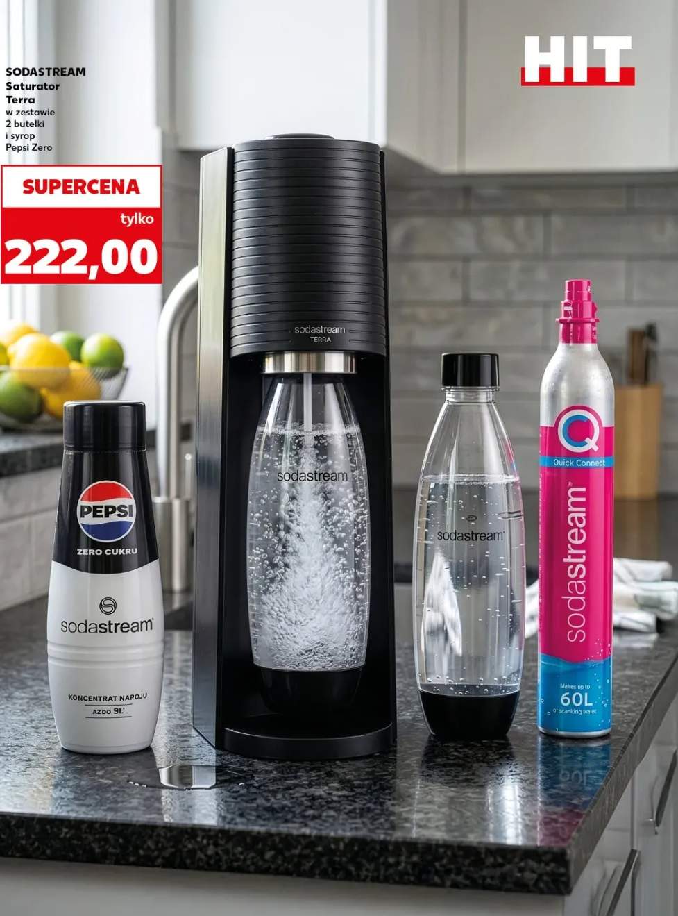 Saturator SodaStream Terra w zestawie 2 butelki i syrop Pepsi Zero
