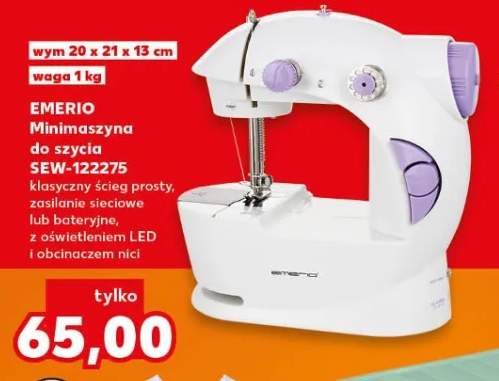Minimaszyna do szycia Emerio SEW-122275 klasyczny ścieg prosty zasilanie sieciowe lub bateryjne z oświetleniem LED i obcinaczem nici 20x21x13cm