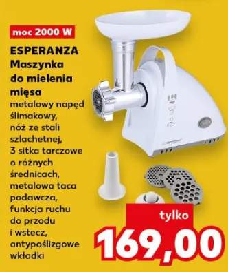 Maszynka do mielenia mięsa Esperanza 2000W metalowy napęd ślimakowy nóż ze stali szlachetnej 3 sitka tarczowe metalowa taca podawcza funkcja ruchu do przodu i wstecz antypoślizgowe wkładki