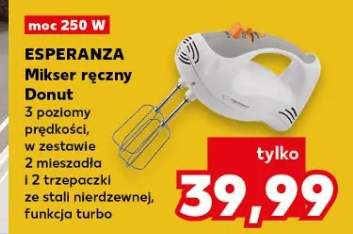 Mikser ręczny Esperanza Donut 250W 3 poziomy prędkości 2 mieszadła 2 trzepaczki ze stali nierdzewnej funkcja turbo