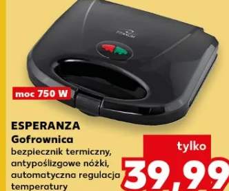 Gofrownica Esperanza 750W bezpiecznik termiczny antypoślizgowe nóżki automatyczna regulacja temperatury