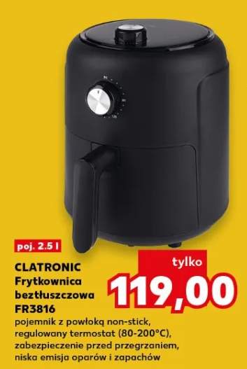 Frytkownica beztłuszczowa Clatronic FR3816 2,5l pojemnik z powłoką non-stick regulowany termostat 80-200°C zabezpieczenie przed przegrzaniem niska emisja oparów i zapachów