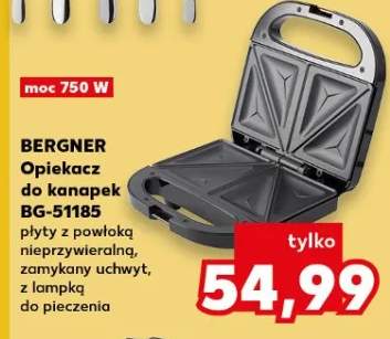 Opiekacz do kanapek Bergner BG-51185 750W płyty z powłoką nieprzywieralną zamykany uchwyt z lampką do pieczenia