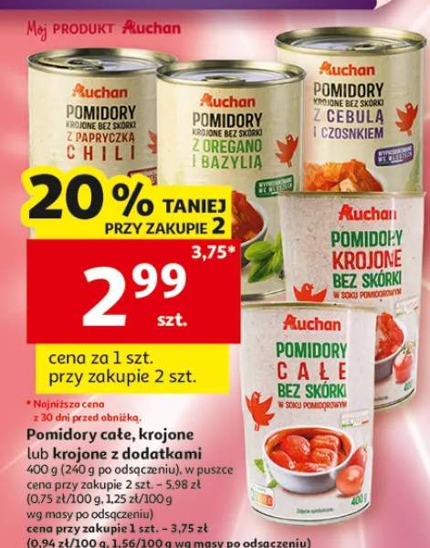Pomidory krojone bez skórki z papryką chili Auchan