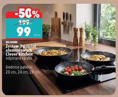 Zestaw 3 patelni aluminiowych MG HOME Clever Kitchen odpinana rączka średnice patelni: 20cm, 24cm, 28cm