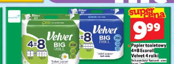 Papier toaletowy Ecoroll Velvet 4=8 Delikatnie biały