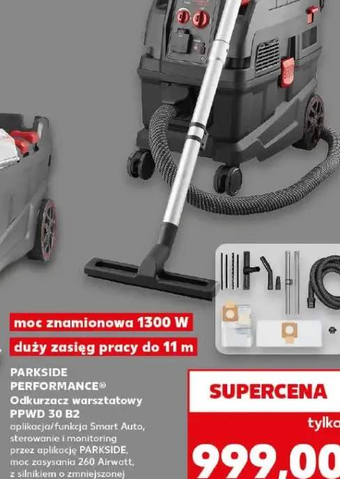 Odkurzacz warsztatowy PARKSIDE PERFORMANCE PPWD 30 B2 aplikacja/funkcja Smart Auto sterowanie i monitoring przez aplikację PARKSIDE moc zasysania 260 Airwatt z silnikiem o zmniejszonej emisji szumów moc znamionowa 1300W duży zasięg pracy do 11m