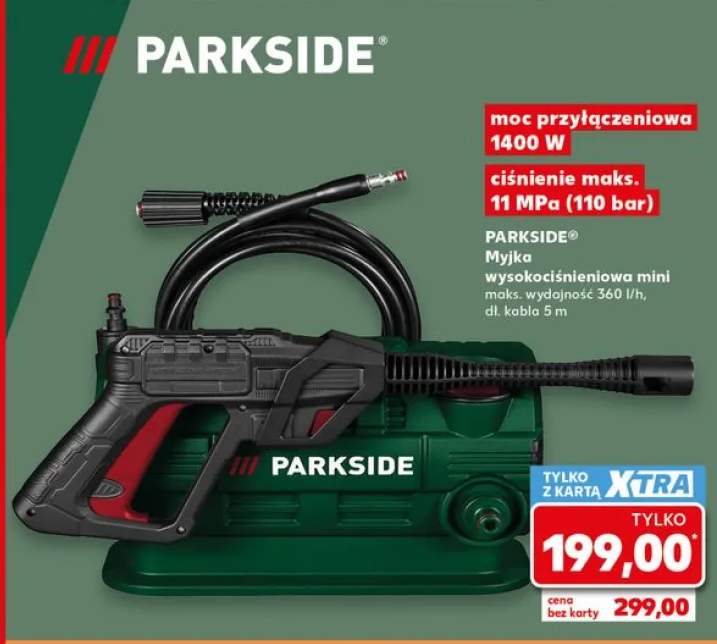 Myjka wysokociśnieniowa mini moc przyłączeniowa 1400W ciśnienie maks. 11 MPa (110 bar) maks. wydajność 360l/h dł. kabla 5m Parkside